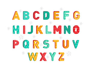 ABC. Colorful New year or Christmas alphabet isolated on White background. 3D letters in children's holiday style. Creative yellow, green and red comic font high detail. Cartoon vector