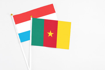 Cameroon and Luxembourg stick flags on white background. High quality fabric, miniature national flag. Peaceful global concept.White floor for copy space.