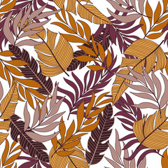 Botanical seamless tropical pattern with beautiful plants and leaves on white background. Modern abstract design for fabric, paper, interior decor. Tropic leaves in bright colors.