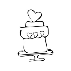 Continuous line drawing. Tiered birthday cake. Symbol of celebration isolated on white background. Wedding cake. Hand drawn vector illustration. Icon sweets for Valentine's day, wedding.