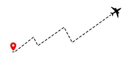 Airplane track to point with dashed line way on white background