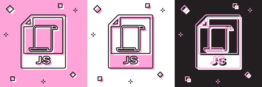 Set JS file document. Download js button icon isolated on pink and white, black background. JS file symbol. Vector Illustration