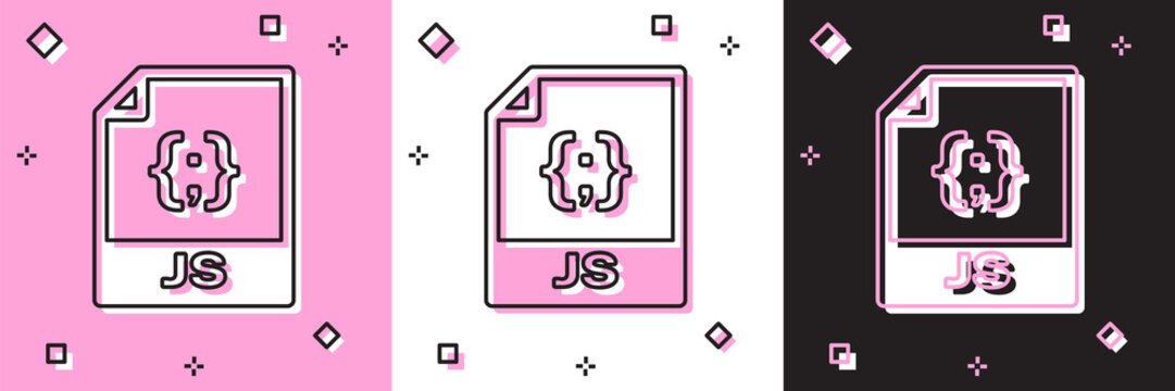 Set JS file document. Download js button icon isolated on pink and white, black background. JS file symbol. Vector Illustration