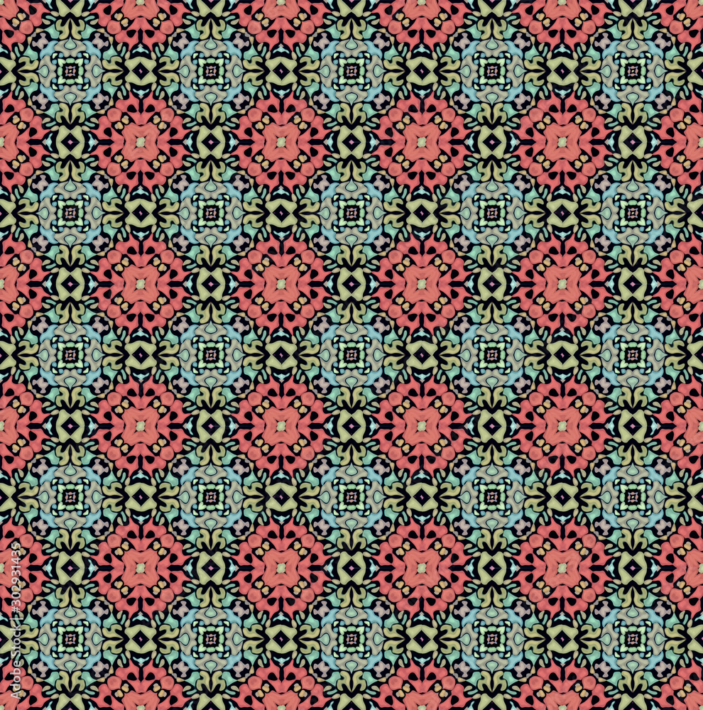 Poster pattern mandala kaleidoscope abstract geometric colorful seamless background . cross repeated square