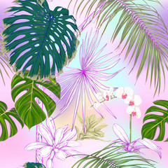 Tropical plants and white orchid flowers. Seamless pattern, background. Colored vector illustration. In light ultra violet pastel colors on mesh pink, blue background