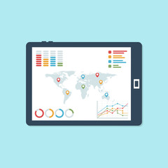 Tablet with infographics on it. Concepts for business planning and accounting, analysis, audit, project management, marketing, research in flat design style.