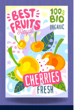 Abstract splash Food label template. Colorful brush stroke. Fruits, spices, vegetables package design. Cherries, berry, berries. Organic, fresh Drawing vector illustration