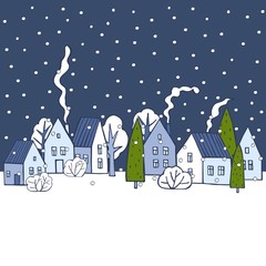 Obraz na płótnie Canvas Hand drawn winter houses with trees. Vector sketch illustration.