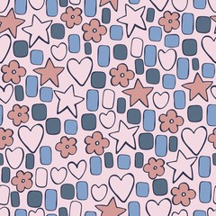 Hand drawn cute stars and hearts. Vector  seamless pattern.