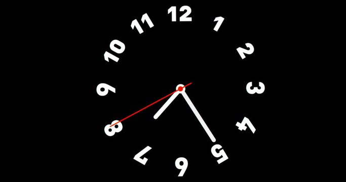 Timelapse or time lapse of clock on black background and movement of clock hands. Royalty high-quality 4k stock video footage time lapse clock with three arrow white hands moving fast to eight hours