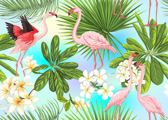 Fototapeta premium Seamless pattern, background with tropical plants, flowers and birds. Colored vector illustration. In light ultra violet pastel colors on mesh pink, blue background