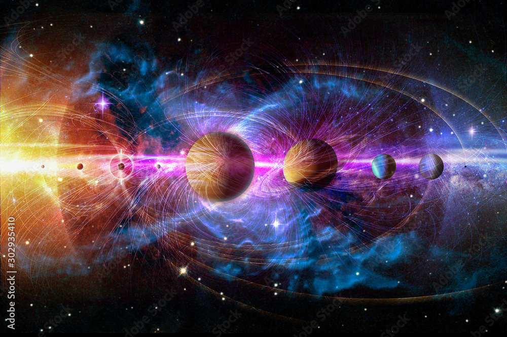 Poster solar system planets set. the sun and planets in a row on universe stars and lines of gravity backgr