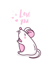 Love card with white mouse and hearts on white background. Thin line flat design. Vector.