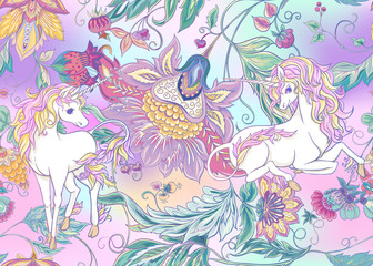 Seamless pattern with stylized ornamental flowers in retro, vintage style with unicorns. Jacobin embroidery. Colored vector illustration In pink, blue, ultraviolet colors on mesh background © Elen  Lane