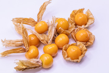 Selective focus  close up cape gooseberry fruits (Physalis peruviana)isolated on white background.Commonly called goldenberry, golden berry, Pichuberry.