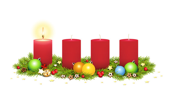 1. Advent,  Adventsgesteck, Advent Karte mit Kerzen, Tannenzweige, Sterne, Ilex Beeren, Lebkuchen, Glöckchen und Weihnachtskugeln, Vektor Illustration isoliert auf weißem Hintergrund