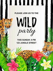 Leopards with tropical leaves, flowers, wild party invitation. Place for text. Vector illustration for flyer, birthday, tropical party, banner, poster. © Natalia