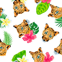 Leopards with jungle leaves, tropical flowers seamless pattern. Vector illustration.