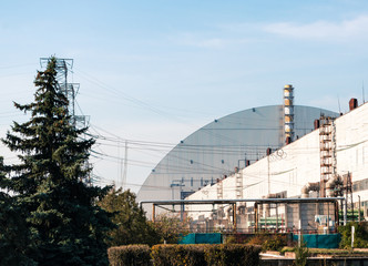modern building dome nuclear power plant in Chernobyl Ukraine
