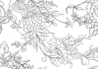 Fantasy flowers in retro, vintage, jacobean embroidery style. Seamless pattern, background. Outline hand drawing vector illustration..