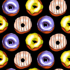 Pattern of colorful donuts on black background. Sketch done in alcohol markers.