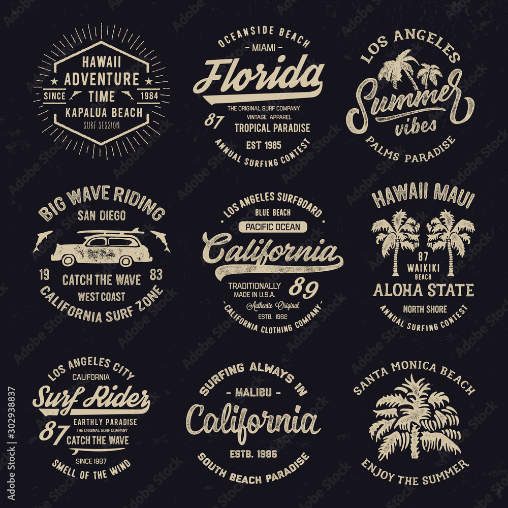 Wall mural Handmade Surf set. Vintage Badges collection. T shirt gpaphics for print and other user. Vector.