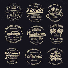 Handmade Surf set. Vintage Badges collection. T shirt gpaphics for print and other user. Vector.