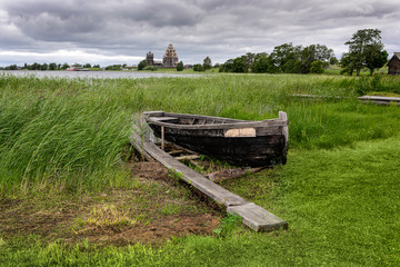 Russia, Republic of Karelia, Kizhi Island: Old traditional wooden boat at riverside of Lake Onega...