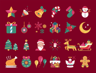 Merry christmas flat design vector icons set.