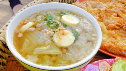 Close-up Seaweed soup with egg tofu Thai style