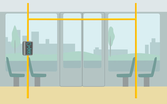 Metro, Bus, Subway Ticket Validator Flat Vector Illustration. Wireless, Contactless, Cashless Payments, Rfid Nfc Concept. Public Transport Nfc Payment. Payment Of A Travel Card Or Phone In Transport.