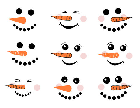 Cute snowman face vector set