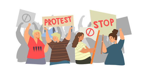 Group of people on a rally holding banners, transporants, flags and placards. People, men and women defend their rights, demonstrate, workers salary protest concept. Protest flat vector illustration.
