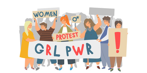 Women protest flat vector illustration. Women group on a rally holding banners, transporants, flags and placards. Female march for rights, defend their rights, women´s day, girls power concept.
