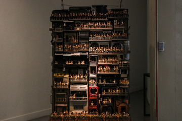 Mock up building with woods material and red and white colour