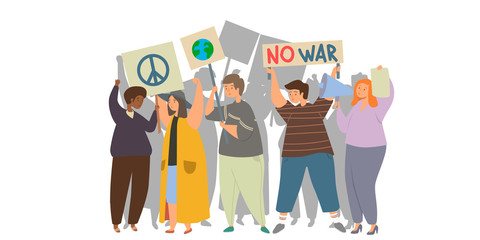 Obraz premium Peace protest, rally, picket and flat vector illustration. Love, antiwar, justice, support for peace concept. Group of people holding banners, men and women with transporants, flags and placards.