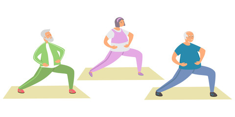 Elderly care and fitness flat vector illustration. Elderly woman and elderly man do sports, exercise, fitness, yoga. Healthy lifestyle of old people. Senior man and woman have fun together.