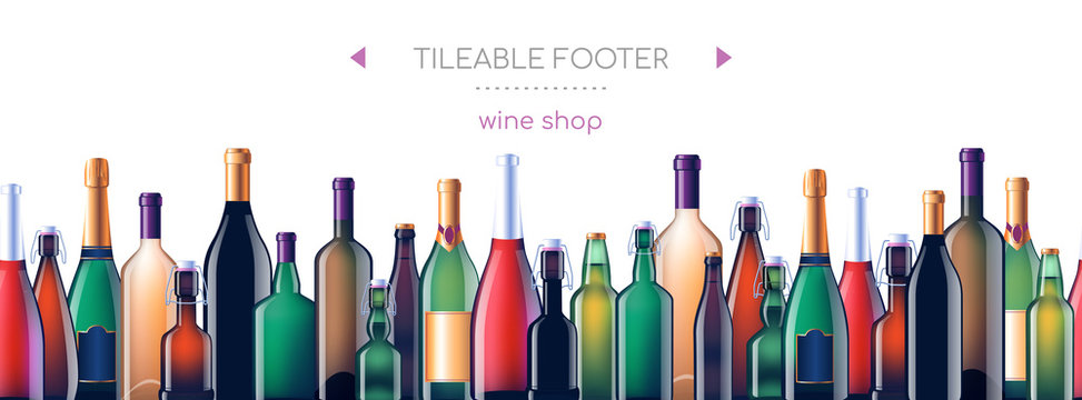 Alcohol glass bottles - vector realistic seamless web footer