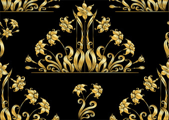 Narcissus. Seamless pattern, background. In art nouveau style, vintage, old, retro style. In gold and black..