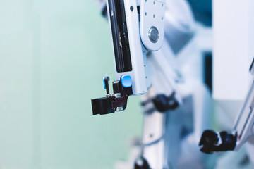 Surgery with robotic equipment in the operating room. Minimally invasive surgical innovation, medical robotic surgery with endoscopy in 3D. Close-up detail of a robot