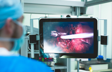 Medical robot, surgeon. Operating room modern technology, operation with a robot. Robotic surgery....