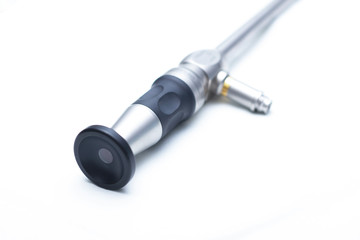 Surgical laparoscapia camera for surgery in urology of the kidneys, on a white isolated background. Optics Arthroscopy changes the angle of the angle from 0 to 120 degrees