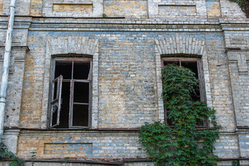 Fototapeta na wymiar Facade of abandoned building with wild grape on wall and window