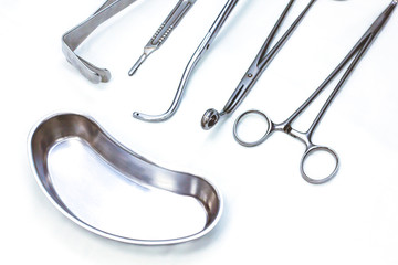 Emergency, ambulance and healthcare concept, kidney-shaped tray. Medical surgical instrument...