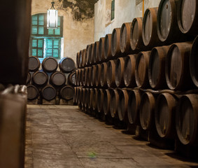 Production of fortified jerez, xeres, sherry wines in old oak barrels in sherry triangle, Jerez la...