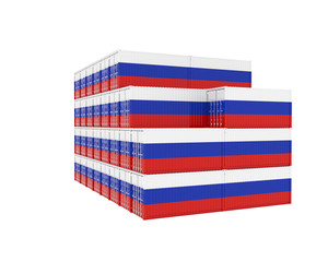 3D Illustration of Cargo Container with Russia Flag on white background. Delivery, transportation, shipping freight transportation.