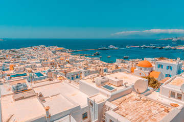 Beautiful Mykonos town panorama, with traditional white houses. Mykonos Island, Greece
