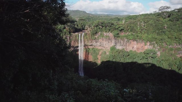 Aerial veiw of Chamarel Waterfall in the tropical jungle of Mauritius