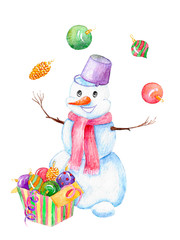 Snowman juggles Christmas tree toys