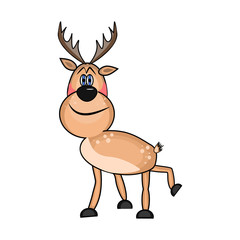 Cute Cartoon Deer isolated on white background. Funny cartoon reindeer character. Christmas elk or moose illustration for cards, invitations, printing, packs, paper craft, party invitations. Vector